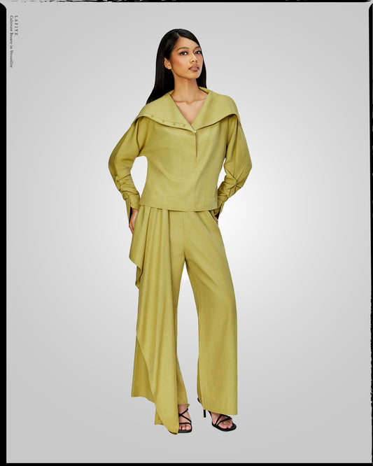 Lane Linen Layered Trousers in Green