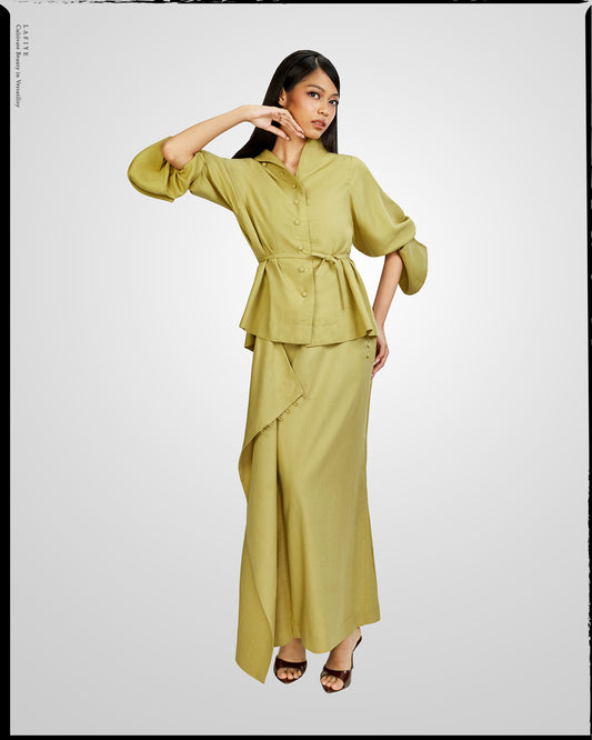 Lane Linen Wrap Skirt in Green