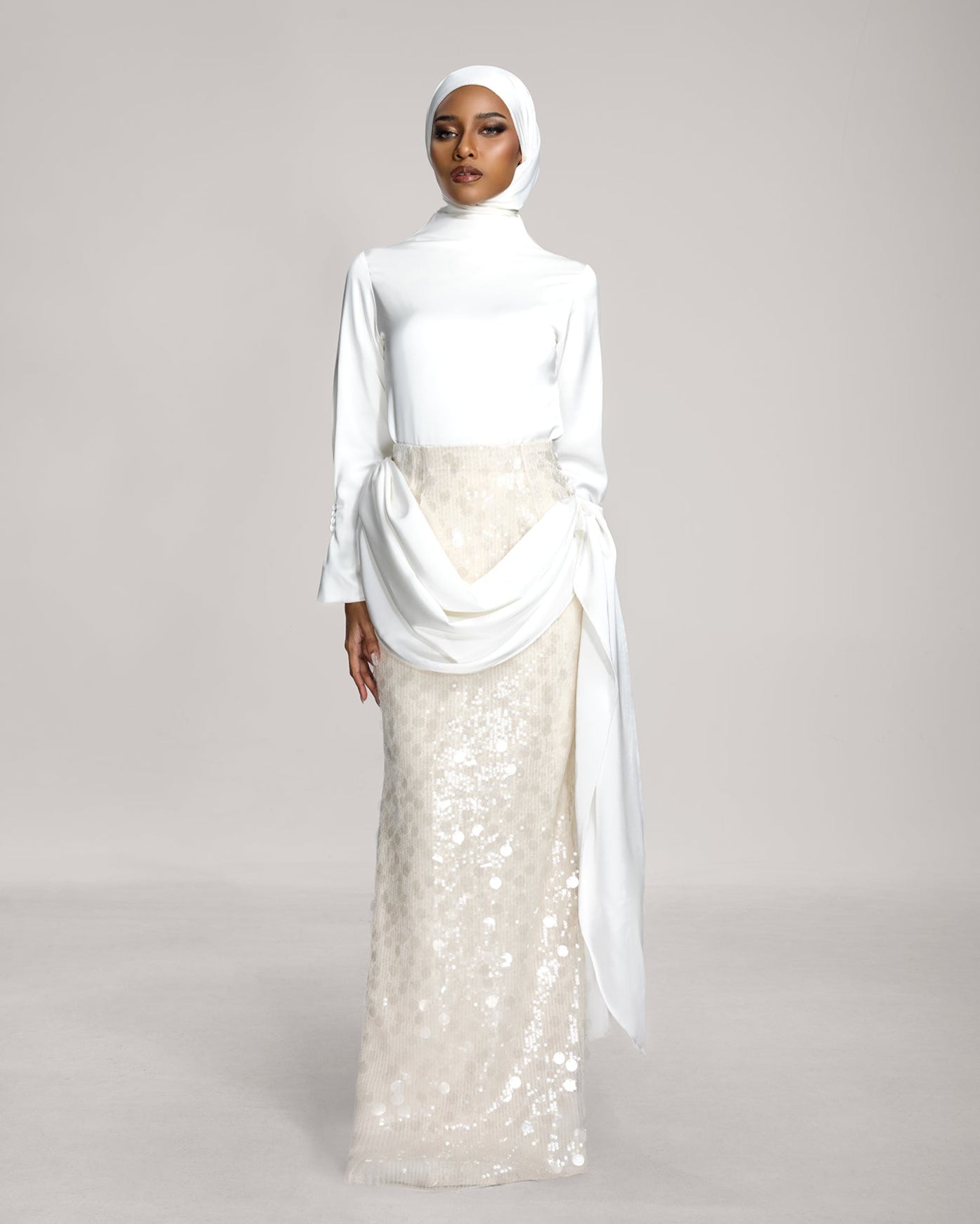 High-Neck Silk Blouse with Buttoned Sleeves