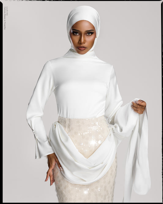 High-Neck Silk Blouse with Buttoned Sleeves